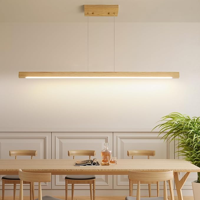Wooden Linear Pendant Light, 39" Modern Chandeliers for Dining Room, Dimmable Pool Table Island Lights for Kitchen, LED Ceiling Pendant Lamp for Dining Room Billiard Room, Natural Ash