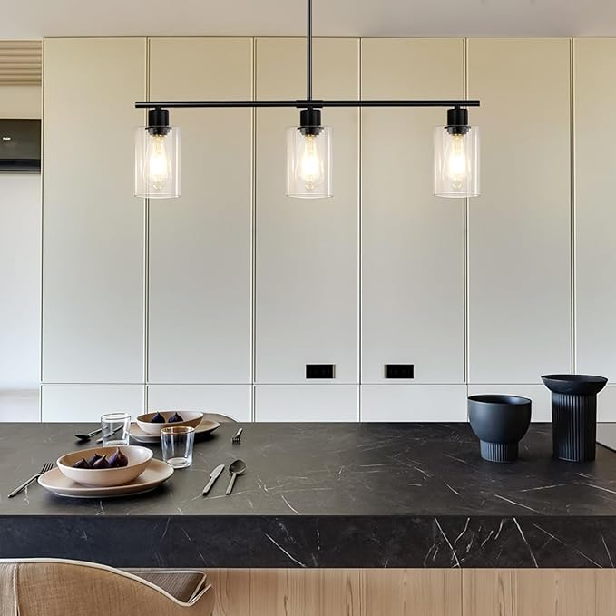 Kitchen Island Lighting, 3 Lights Linear Black Chandelier Light Fixture with Glass Shade, Industrial Kitchen Pendant Lighting Over Island, Modern Farmhouse Chandelier for Dining Room