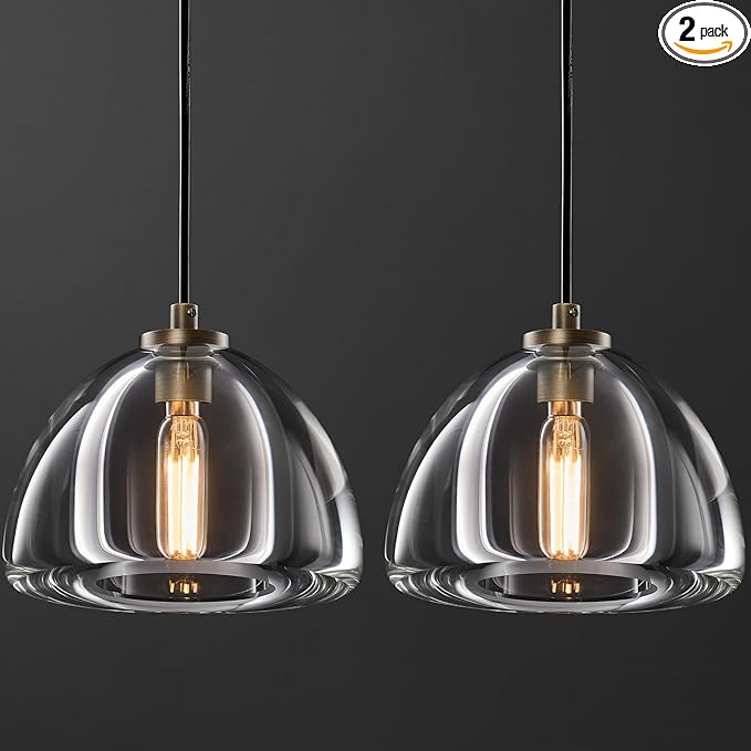 Crystal Pendant Light Kitchen Island: Set of 2 Vintage Brass Hanging Lights above Dining Table - 7" K9 Crystals Lighting over Kitchen Sink - Luxury Cylinder Pendants Light Fixtures Bulbs Included