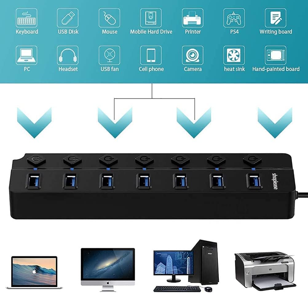 USB 3.0 Splitter, 7-Port USB 3.0 Hub with Individual Power Switches and Lights, Portable Expansion Data Hub with 5V/2A Power Adapter for Windows 10, 8.1, 8, 7, Vista, XP, Linux, Mac OS X