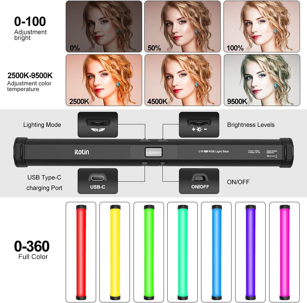 RGB Photography Light Wand Stick, 360° Full Color Portable LED Lighting Wand Handheld 5000mAh Rechargeable Battery & Magnet with 27"-80" Tripod Stand-2 Pack