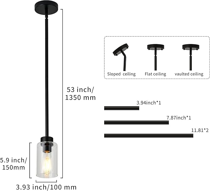 Black Pendant Lights Kitchen Island,Clear Glass Pendant Light Fixture Multiple Stems Rods 3 Units 12 Inch 3 Units 4 Inch
