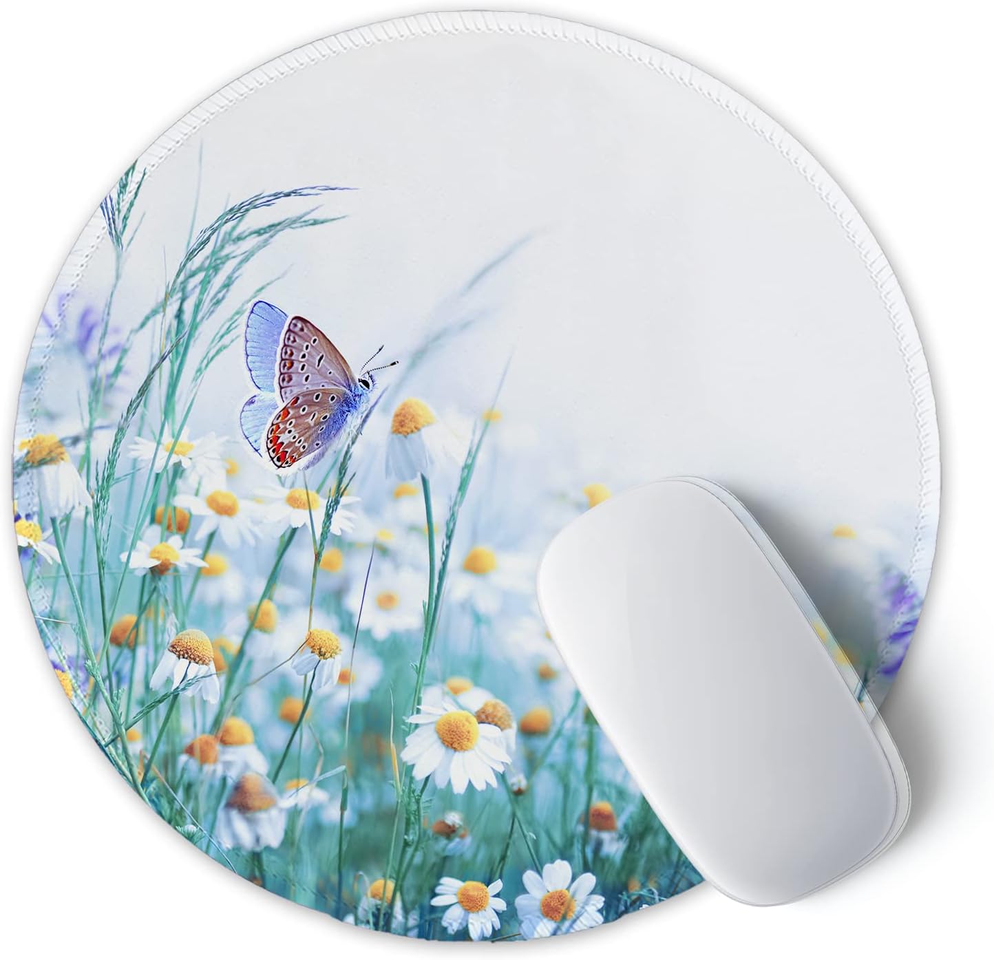 ITNRSIIET Round Mouse Pad with Stitched Edge Premium-Textured Waterproof Non-Slip Rubber Base Desktop Protection Mat Diameter 8.7 inches, Butterfly Chrysanthemum