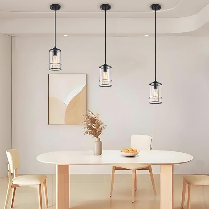 Black Pendant Light Kitchen Island Glass Pendant Light Fixture, Kitchen Hanging Lights with Clear Glass, Modern Farmhouse Cage Pendant Lights for Dining Room Hallway Bathroom