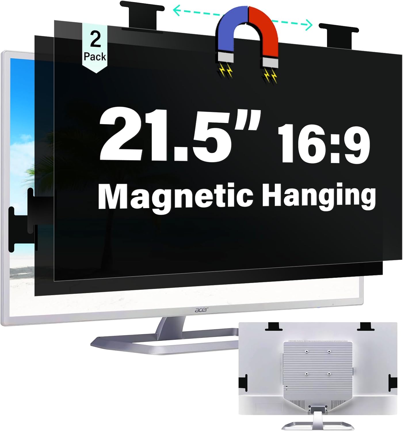 [2 Pack] Magnetic 21.5 Inch Computer Privacy Screen for 16:9 Aspect Ratio Widescreen Monitor, Hanging Eye Protection Anti Glare Blue Light Computer Monitor Privacy Filter, Removable 21.5 in Protector Film