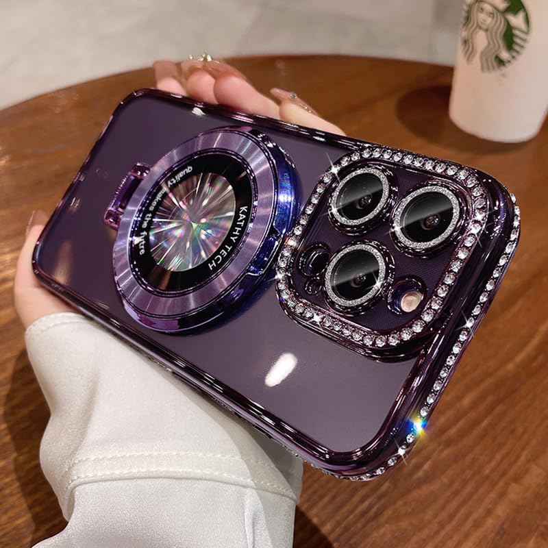 Magnetic Kickstand (Glitter Lens Protector ) Case for iPhone 15 14 13 12 Pro Max (Compatible with Magsafe ) Sparkling Diamond Cover Glitter Shiny Rhinestone Cases (Purple,for iPhone 15 Pro Max)