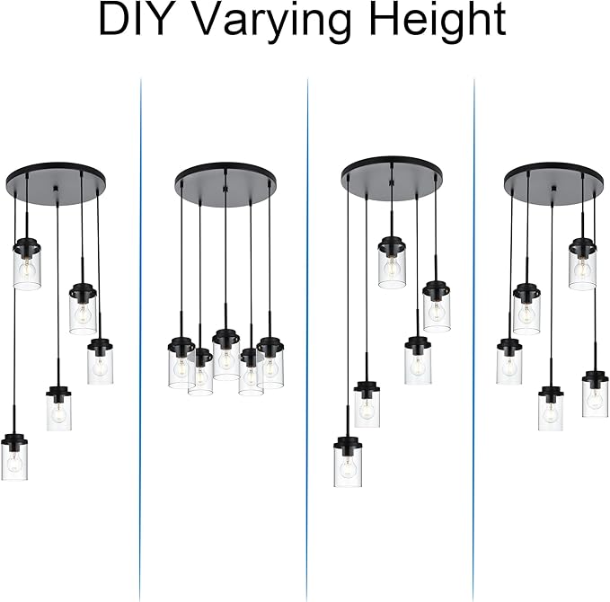 MELUCEE 5-Light Pendant Light Fixtures Ceiling Hanging Cluster Chandelier Black with Clear Glass Shade, Modern Pendant Lighting for Kitchen Island Dining Room Living Room