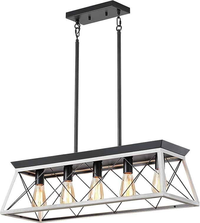 HuixuTe 5-Light Farmhouse Chandeliers for Dining Room, Rustic Kitchen Island Lighting, Adjustable Height Pendant Light for Kitchen, Dining Room Table White