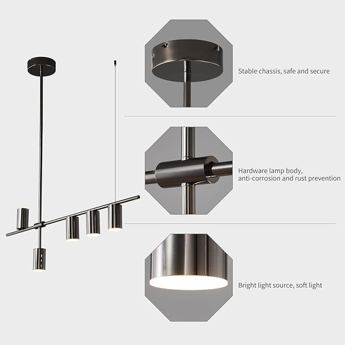 Siittoo Dining Room Light Fixture, Upgraded Dimmable LED Modern Pendant Light with Electroplated Surface, Modern Black LED Hanging Chandelier Light Fixture for Kitchen Island Dining Room,35W,5-Light