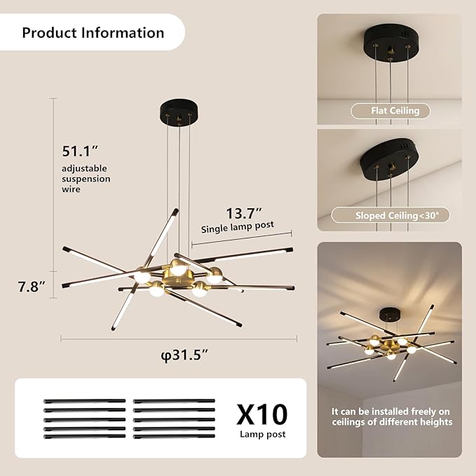 Modern Black chandelier,Sputnik Chandelier 10-Lights Dimmable Pluggable Hanging Ceiling Light Embedded Installation Fixture, Gold LED Pendant Light for Kitchen Island,Living Room Decoration