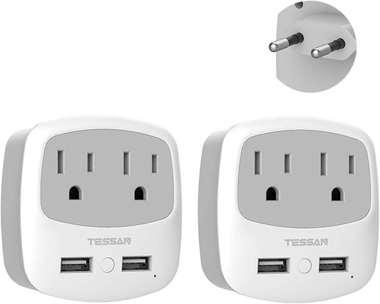 TESSAN European Travel Plug Adapter 2 Pack, US to Europe Power Adaptor with 2 USB 2 AC Outlets, International Charger USA to Most of EU Italy Iceland Spain France Greece Germany (Type C)