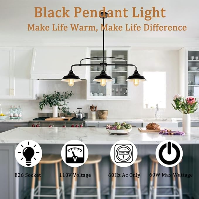 Modern Farmhouse Black Pendant Lighting Fixture, 3-Lights Industrial Linear Chandelier Metal Hanging Lamp for Kitchen Island Dining Room Living Room Hallway Pool Table