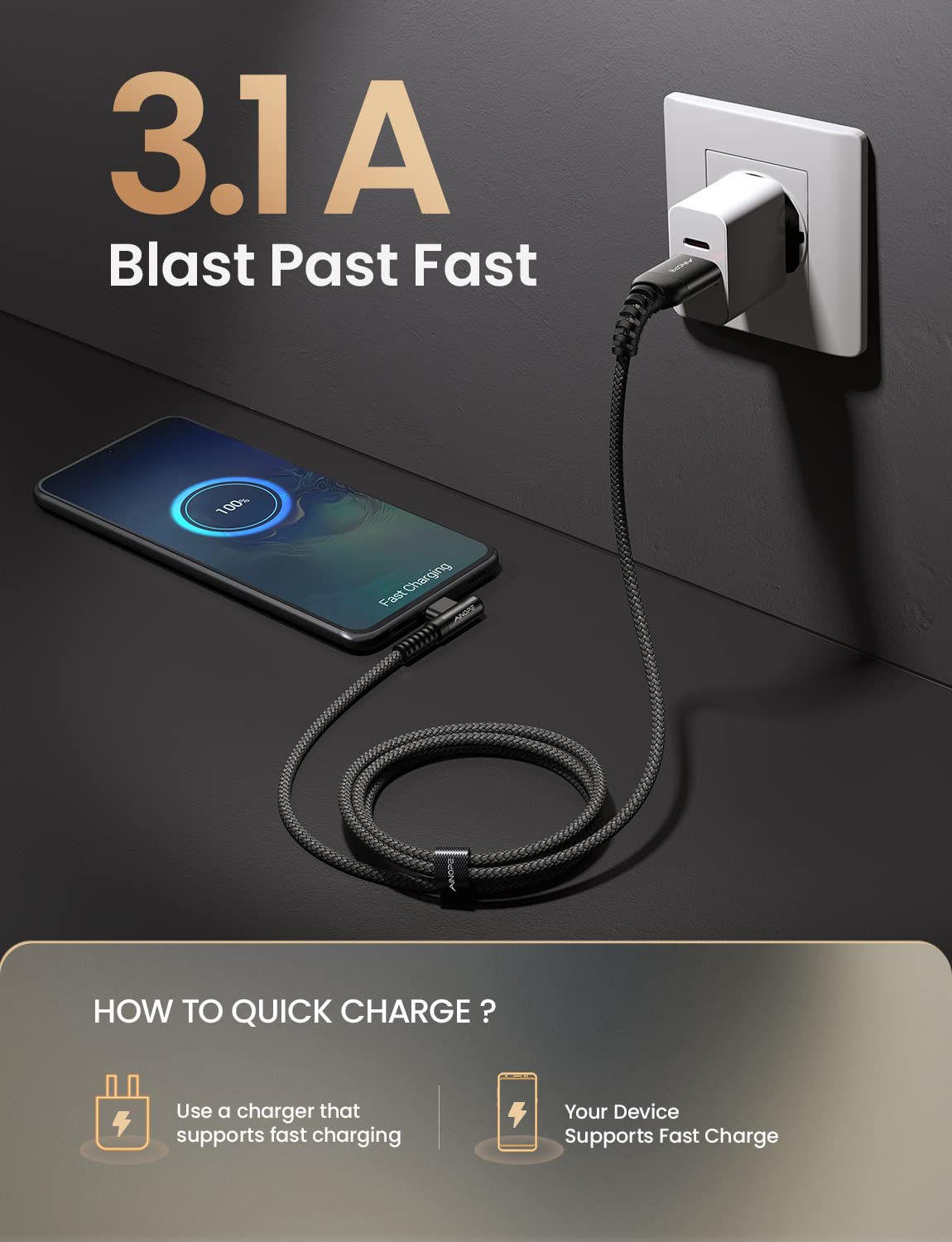 AINOPE Type C Charging Cable Fast Charge 3.1A Right Angle USB C Charger Cable, Resistant Nylon Braided USB C Cord -10ft/3m Black