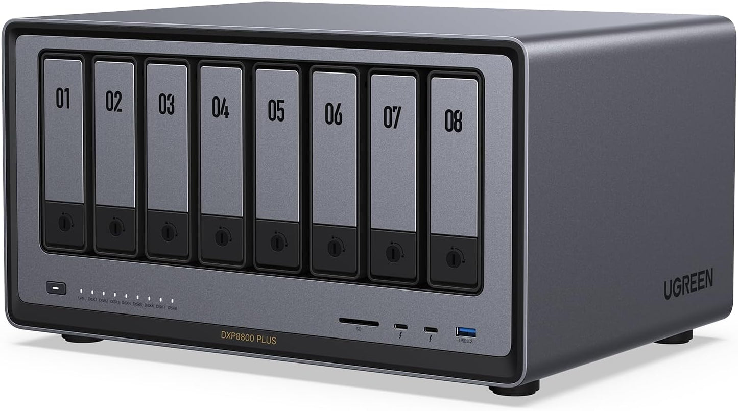 UGREEN NASync DXP8800 Plus 8-Bay Desktop NAS, Intel i5 1235u 10-Core CPU, 8GB DDR5 RAM, 128G SSD, 2X 10GbE, 2X M.2 NVMe Slots, 8K HDMI, 2X TBT4, Network Attached Storage (Diskless)