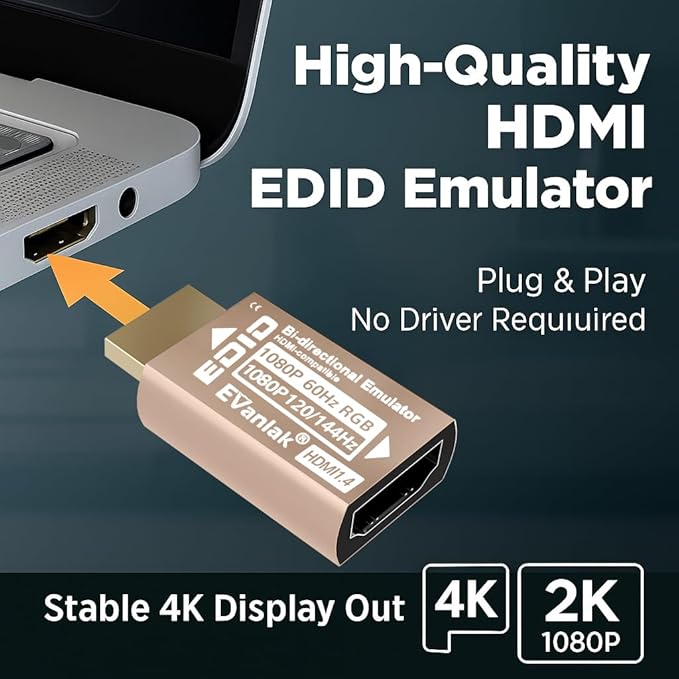 EVanlak HDMI EDID Emulator Adapter Dummy Plug, Virtual Display Headless Ghost HDMI Passthrough 1920x1080@60Hz to 144Hz, Bi-Directional Design, Supports VRR & 8CH Audio,Gold -1P