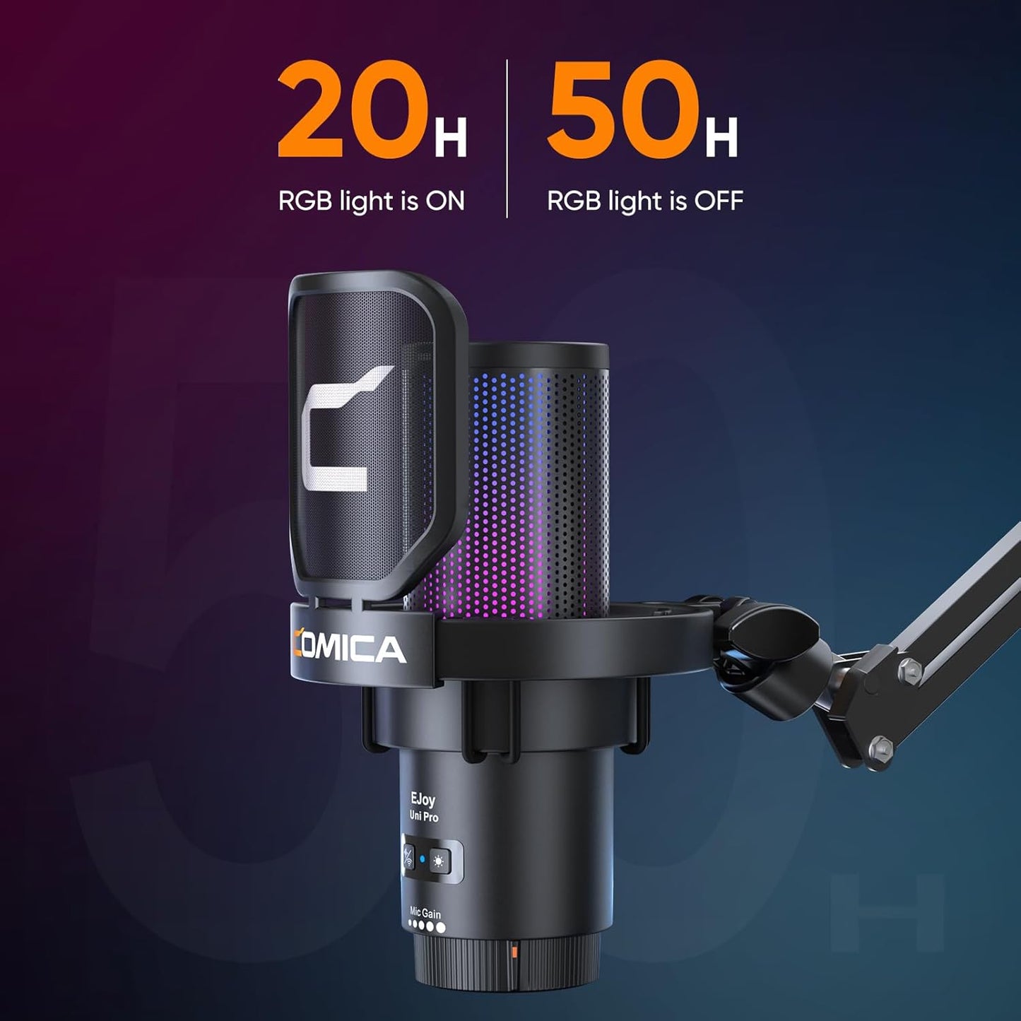 Comica EJoy Uni Pro Wireless USB Condenser Gaming for PC, PS4, PS5, USB C Phone and Mac, Boom Arm RGB Computer Mic for Twitch, Streaming, Podcasting, Noise Cancellation Mic with Mute, Gain, Monitoring