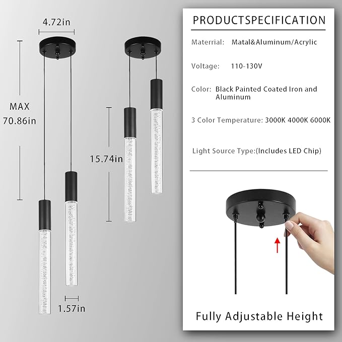 Modern Black Pendant Light Fixture 2-Light, 3-Color LED Pendant Lighting Acrylic Cord Adjustable Ceiling Hanging Lights for Kitchen Island Living Room Bedroom Dining Room (3 Pack)