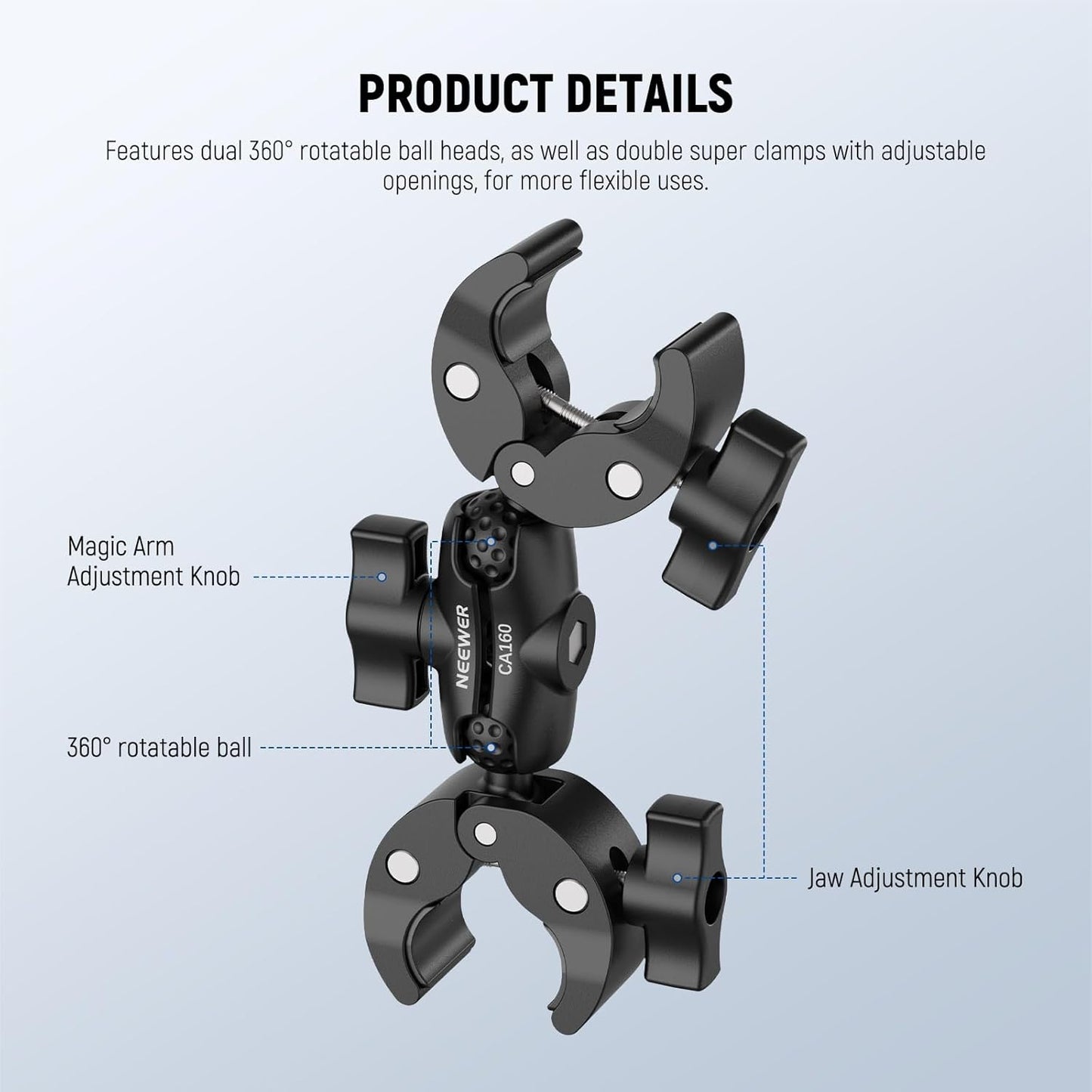 NEEWER Double Super Clamp Mount with Magic Arm, 360° Umbrella Flag Pole Clamp Holder for Desk Photo Studio Light Stand Photography Reflector Scrim Cross Bar Motorcycle Handlebar Stroller Chair, CA160