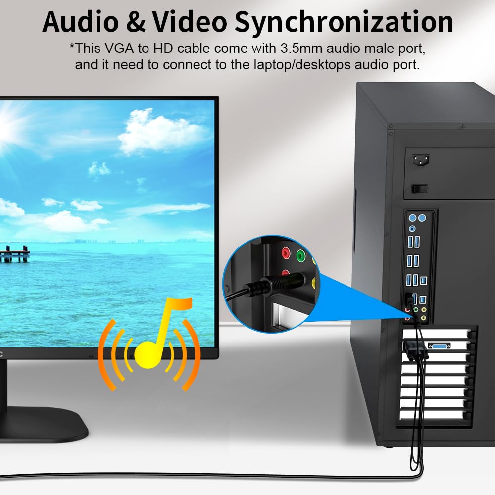 VGA (Sources) to HDMI(Display) Cable 20ft with Audio,Compatible Well Witch Computer/Projector/Laptop to Monitor/TV, VGA Male to HDMI Male Converter Cord for Desktop.