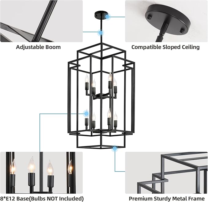 WJShome Modern Black Chandelier, 31.5" Large Chandeliers for High Ceilings, 8-Light Tiered Lantern Pendant Light, Farmhouse Foyer Lighting Fixtures, for Living Room, Staircase, Entryway