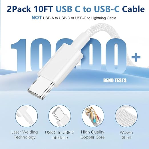 iPhone 16 15 Charger Fast Charging,2Pack 10FT Extra Long USB C to C Fast Charging Cord Woven Cable 20W USB C Charger Block for iPhone 16 Pro Max/16 Plus/iPhone 15/15 Pro Max/iPad Pro/Air/Mini/AirPods
