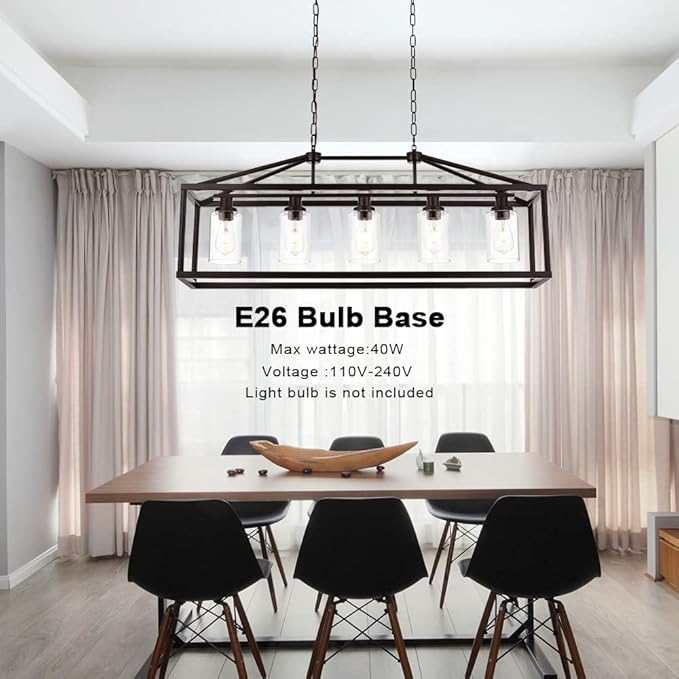BONLICHT Industrial Rustic Farmhouse Chandelier 5 Light Modern Rectangle Dining Room Light Fixture Hanging Oil Rubbed Bronze Kitchen Island Cage Pendant Lighting with Clear Glass Shade for Hallway Bar