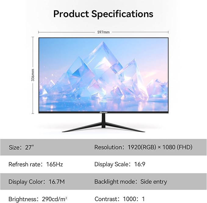 27 Inch FHD (1920x1080) Gaming Office Monitor,165Hz Refresh Rate, HVA Panel Computer Monitor, 1000:1 Contrast Ratio,100% sRGB HDMI and DisplayPort (G27X)
