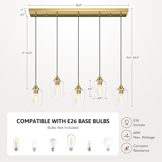 VONLUCE Pendant Lights Kitchen Island, Brushed Nickel Pendant Light Fixtures with E26 Base & Adjustable Cable, Modern Pendant Lighting with Glass Shade for Living Room Bedroom Hallway, 6 Packs