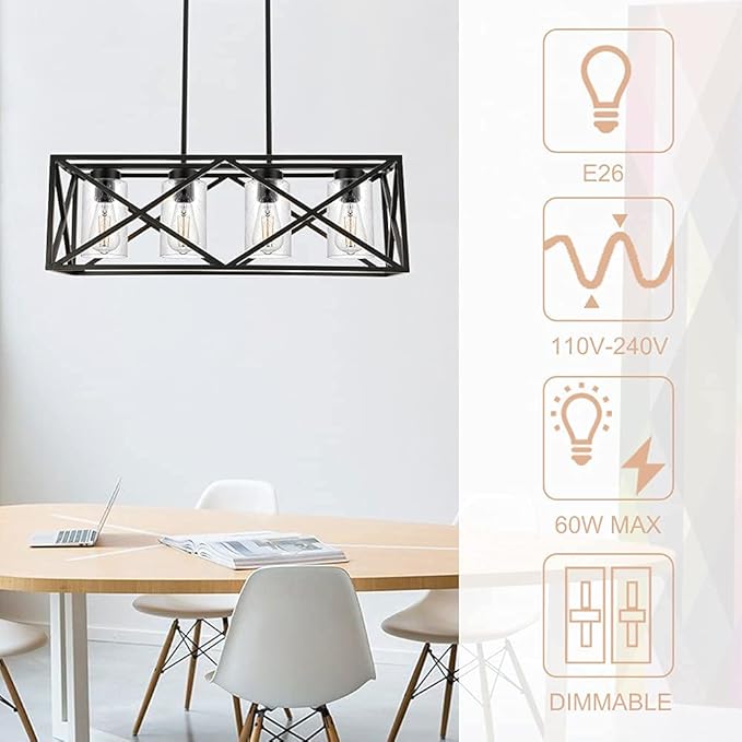 4-Lights Black Farmhouse Rectangle Chandelier Dining Room Light Fixtures, 30.4-Inches Length Contemporary Kitchen Island Pendant Lighting with Seeded Glass Lampshades