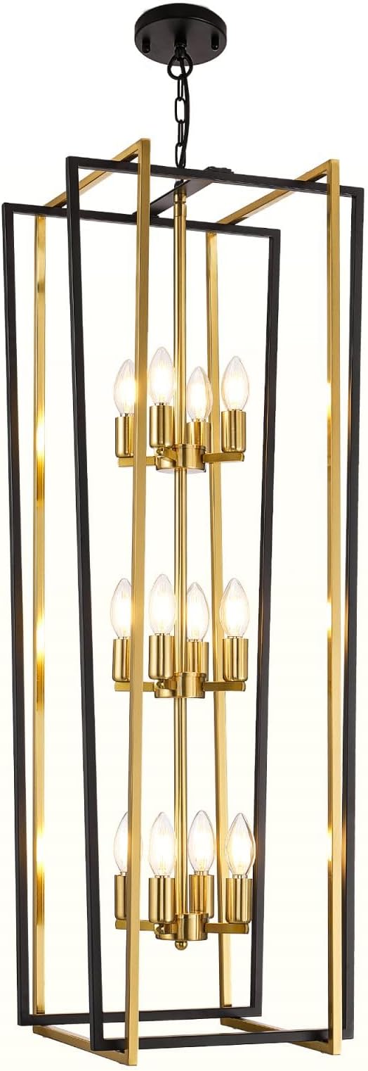 WJShome Stylish 12-Light Tiered Lantern Pendant Light Fixtures - Majestic Large Foyer Chandeliers for High Ceilings, Black & Gold Long Chandeliers Perfect for Your Farmhouse Entryway!