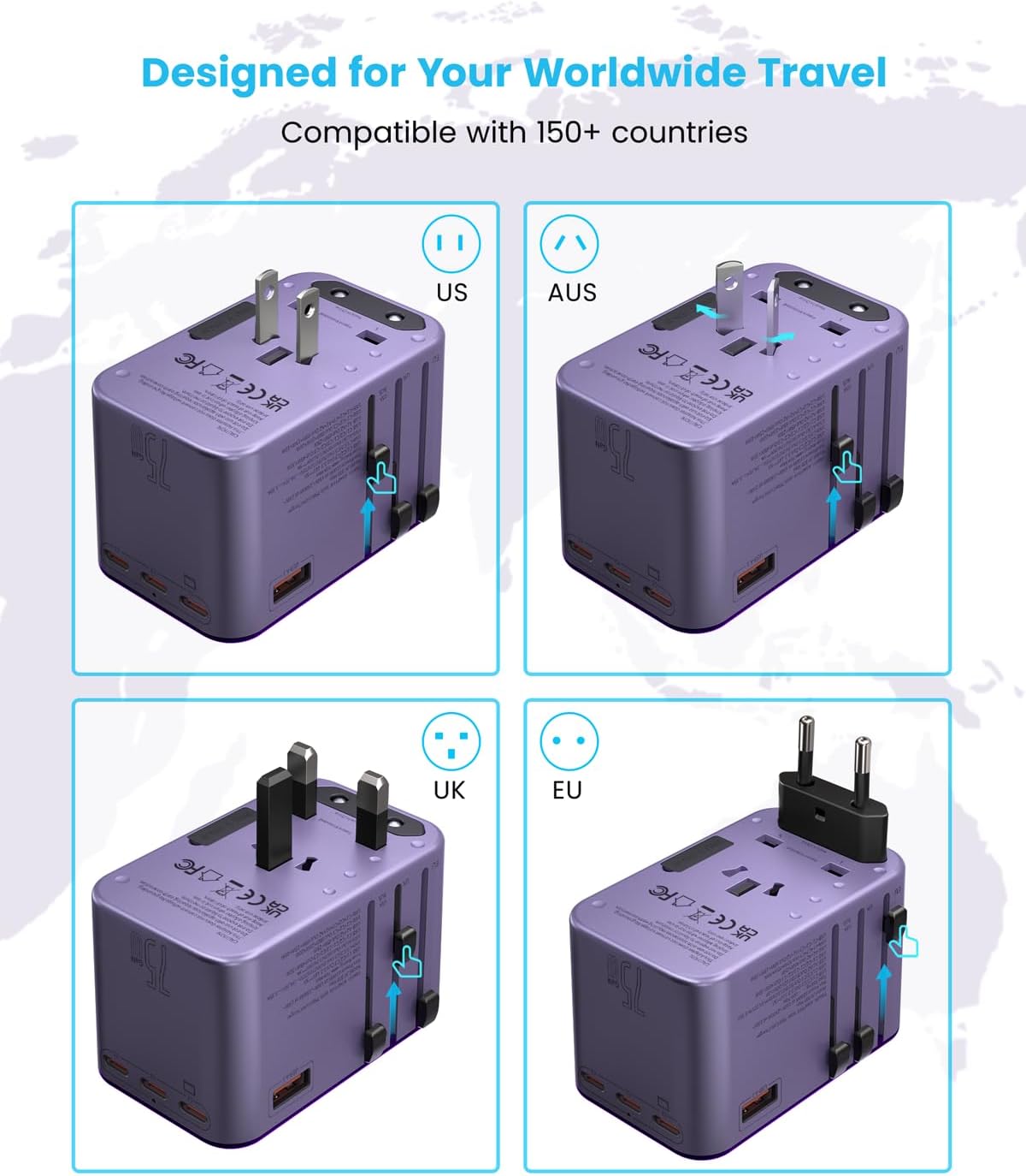 Universal Travel Adapter, VINTAR 75W GaN International Power Adapter with 3 USB-C PD and 2 USB-A QC Chrging Ports, All-in-one Outlet Converter Wall Charger for Europe UK USA AUS(Type C/G/A/I), Purple