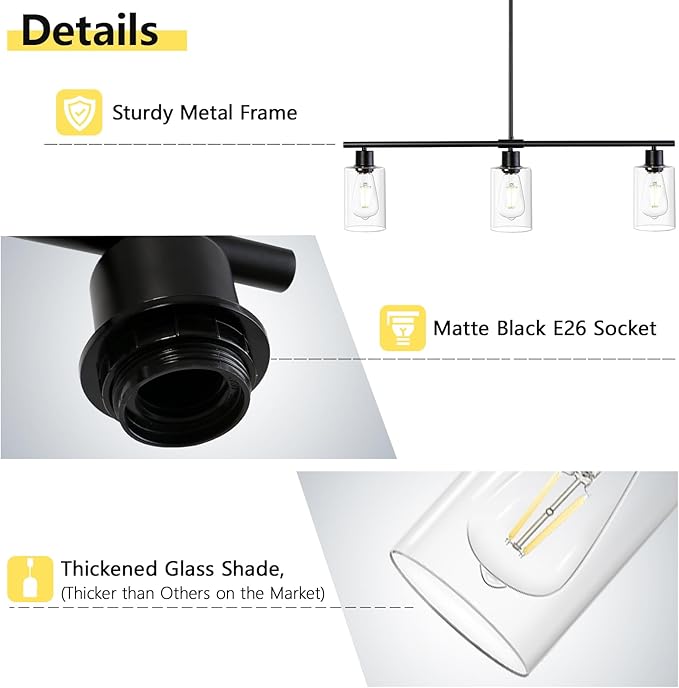 Kitchen Island Lighting, 3 Lights Linear Black Chandelier Light Fixture with Glass Shade, Industrial Kitchen Pendant Lighting Over Island, Modern Farmhouse Chandelier for Dining Room
