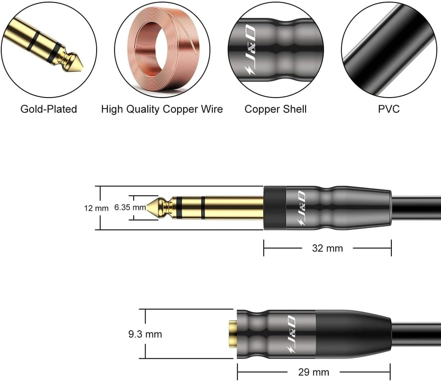 J&D 1/4 inch to 3.5mm Headphone Adapter, Heavy Duty Copper Shell Connecter Joint 3.5mm 1/8 inch Female TRS to 6.35mm Male TRS Stereo Audio Extension Cable (15 Feet)