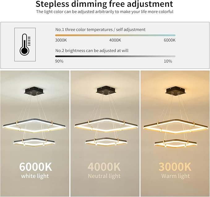 Siittoo Modern Black Chandelier Dining Room Light Fixture, 96W Dimmable LED Modern Pendant Light, 2-Ring Rectangular Chandelier Hanging Light Fixture for Kitchen Island Living Room Hall, Φ=24''+16''