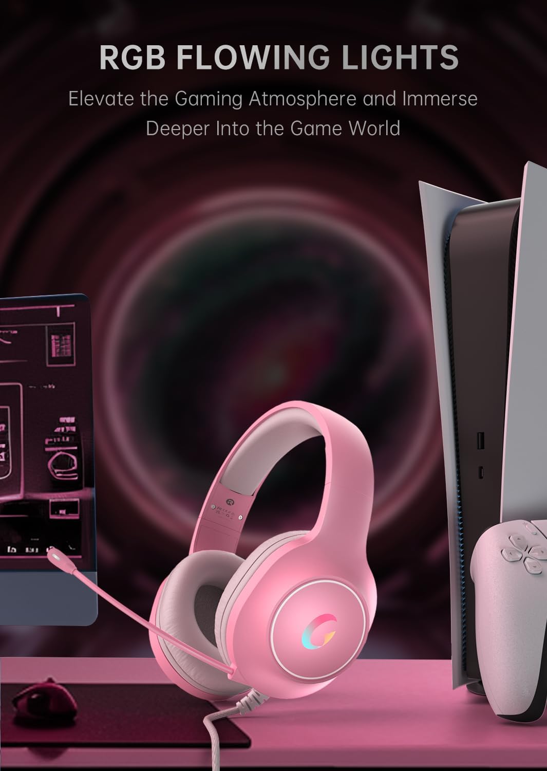 CM7002 Gaming Headset for PS5, PS4, PC, Mac, Switch, Xbox Series, Surround Sound RGB Gaming Headphones with Noise Canceling Microphone, 50MM Dynamic Drivers, 3.5MM Audio Jack, Light Pink