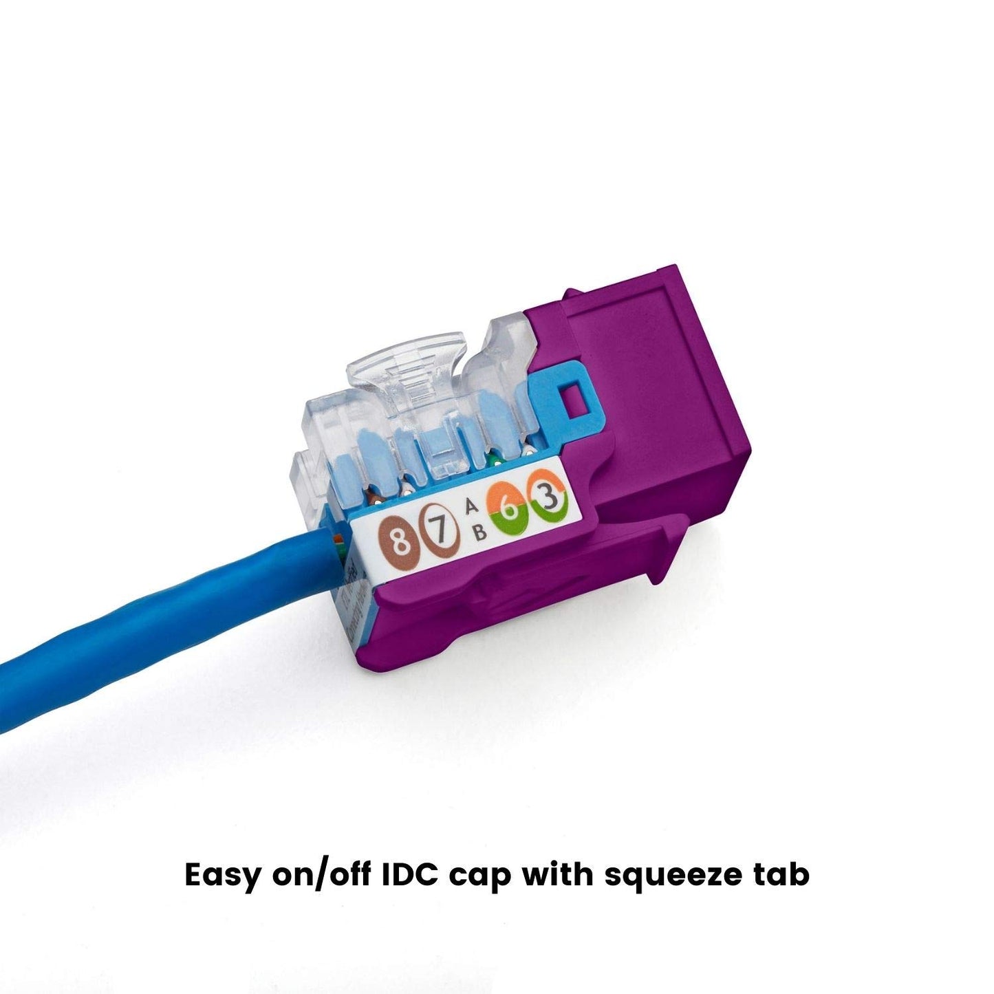 trueCABLE Cat5e Keystone Jack, Unshielded (UTP), 90 Degree Punch-Down, PoE++ (4PPoE) 100W, UL Listed, ETL Verified, ANSI/TIA Certified, Modular RJ45 Female, Purple, 12 Pack