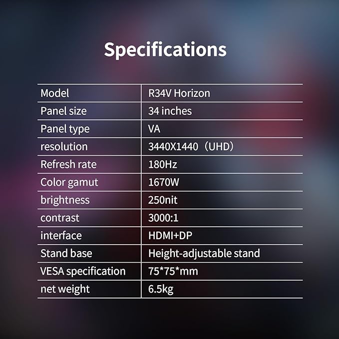 34 Inch Ultrawide Curved 180Hz Gaming Computer Monitor,1500R PC Screen 21:9 WQHD (3440x1440),100% sRGB,Adaptive Sync,3000:1 Contrast Ratio,DP,HDMI Compatible with Wall mounting-(R34V Horizon)