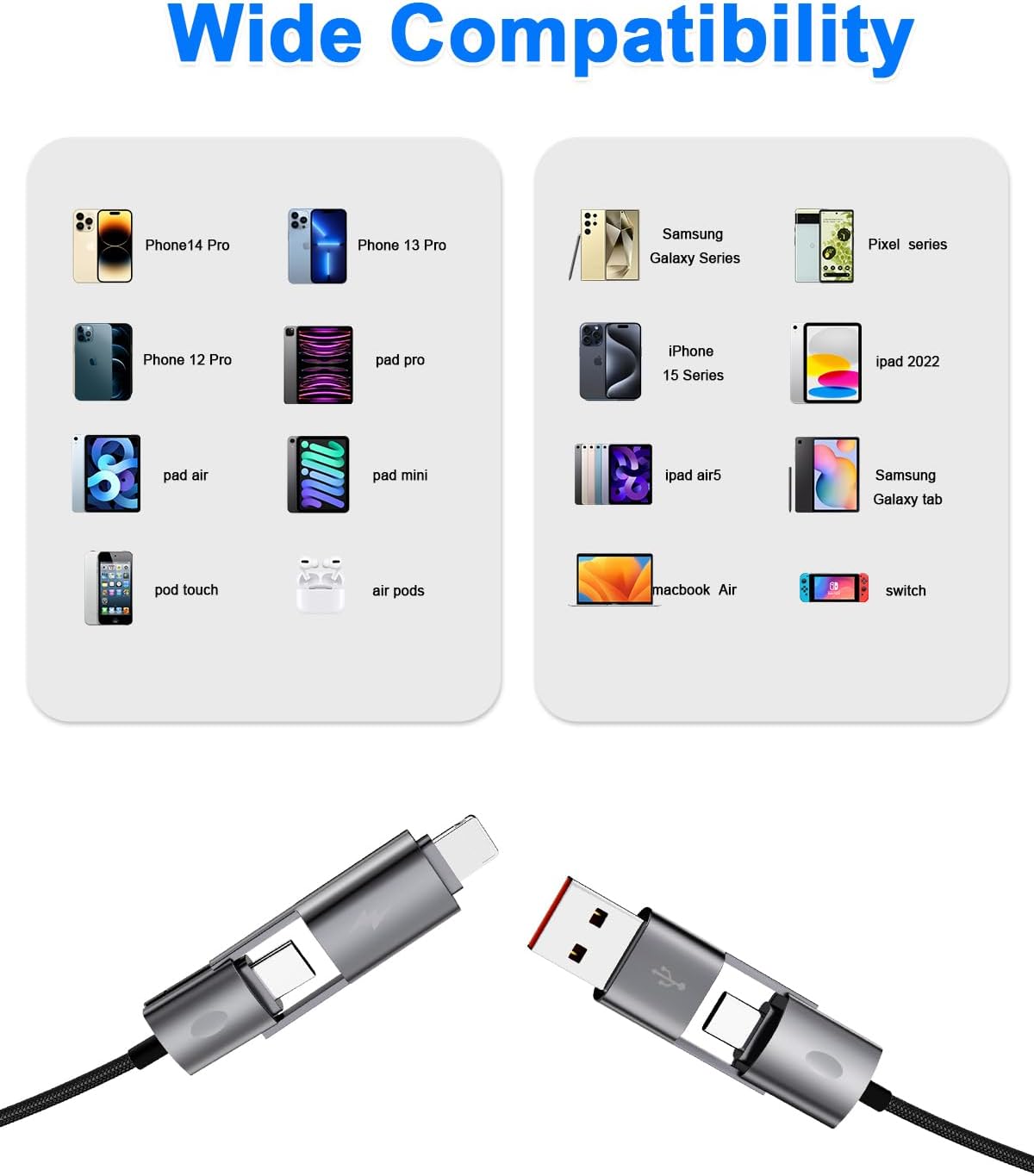 4 in 1 USB C Cable, 2Pack [Upgraded] Multi Fast Charging Cable, PD 65W 27W, 6FT+3FT, Round Braided, Compatible with iPhone/iPad/Samsung/MacBook