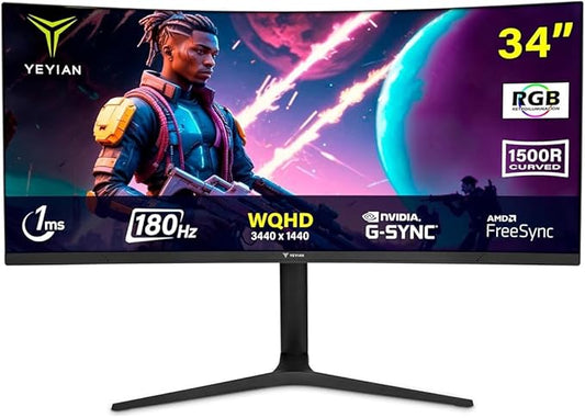 YEYIAN 34 inch Ultrawide Curved 180Hz Gaming Computer Monitor 1ms 1500R VA Screen PC, 21:9 WQHD (3440x1440), 178°Viewing Angle, sRGB 129%, DCI-P3 92%,FreeSync,HDMI x2,DP1.4 x2,Tilt Adjustable