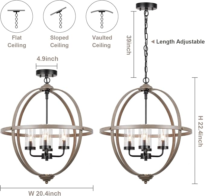 Rustic Chandelier, 20" Wood Finish Hanging Light, 4-Light Globe Vintage Pendant Light Fixture for Living Room, Entryway, Dining Room