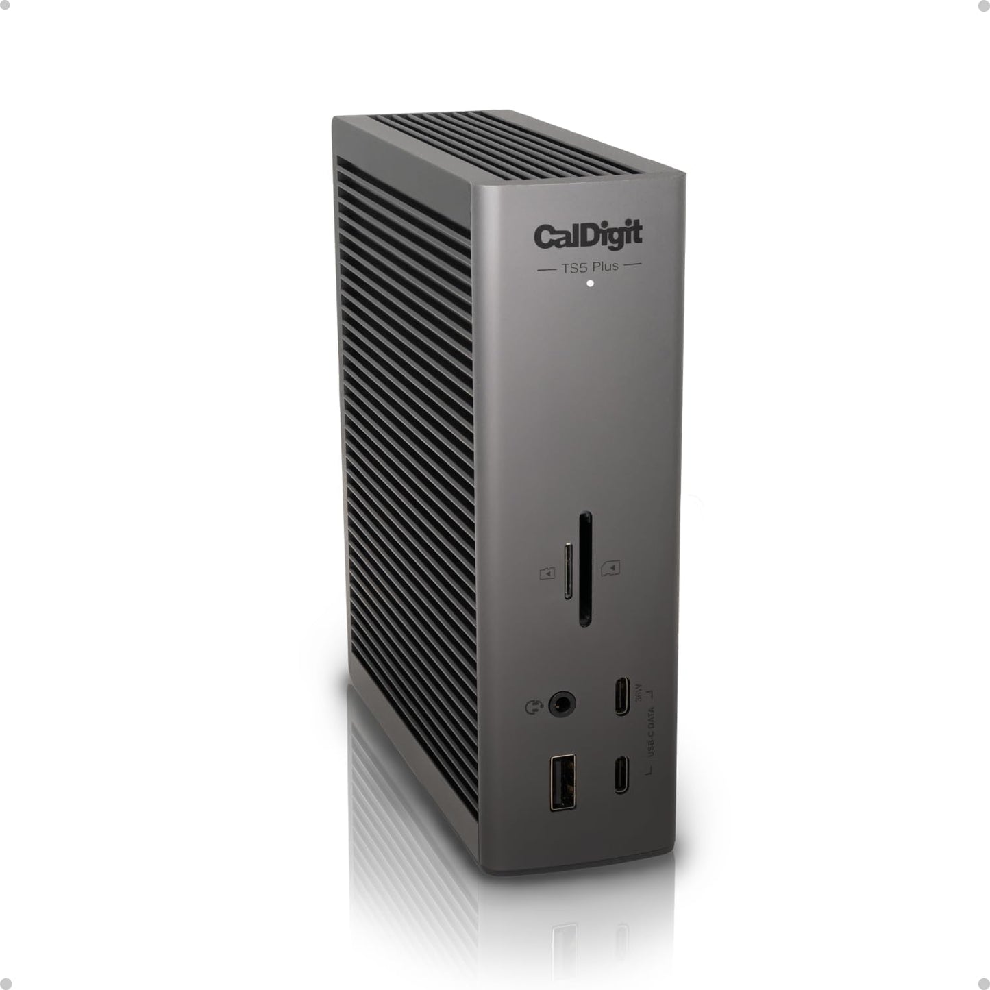 CalDigit TS5 Plus - 20 Port Thunderbolt 5 Dock, 140W Charging, 3X 80Gb/s Thunderbolt 5, 10x 10Gb/s USB Ports, Dual USB Controllers, 10GbE, Up to Dual 8K 60Hz Displays, 1.0m Braided Cable, 330W PSU