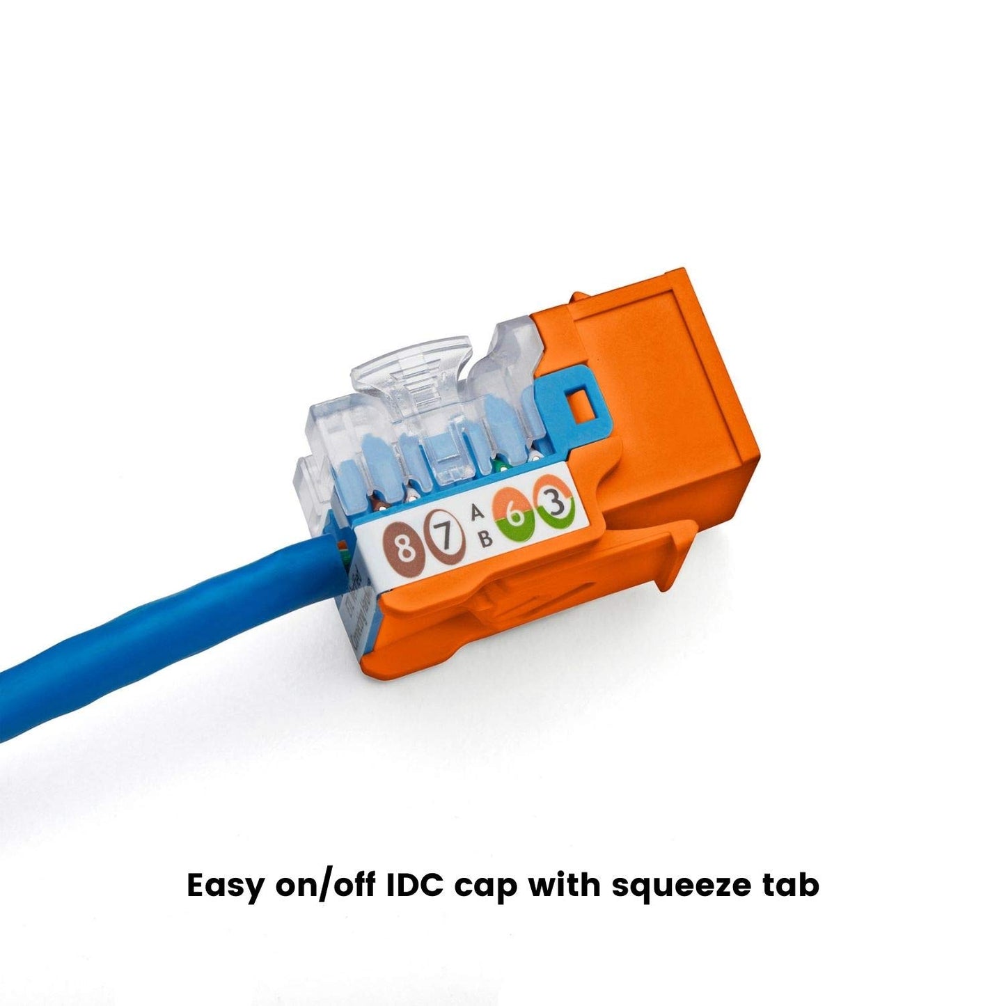 trueCABLE Cat5e Keystone Jack, Unshielded (UTP), 90 Degree Punch-Down, PoE++ (4PPoE) 100W, UL Listed, ETL Verified, ANSI/TIA Certified, Modular RJ45 Female, Orange, 48 Pack