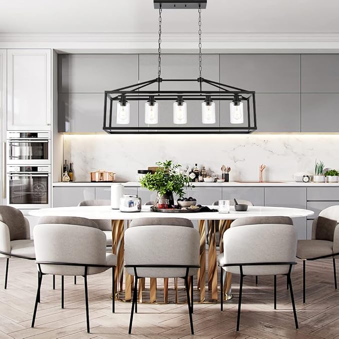 BONLICHT Kitchen Island Lighting 5 Light Modern Farmhouse Metal Cage Chandeliers with Clear Glass Shade Black Industrial Rectangle Dining Room Light Fixture Hanging Pendant Lamp for Foyer Bar Entryway