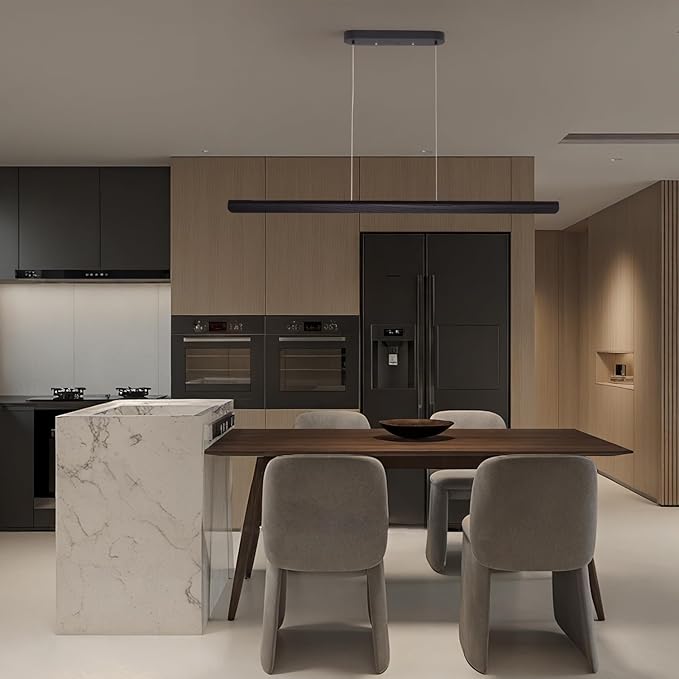 47inch Wood LED Linear Pendant Light, Dimmable Wood Ceiling Lamp,Minimalist Linear Chandelier, 36W Warm Light 3000K, Modern Kitchen Island Dining Room Lighting Black Adjustable Height