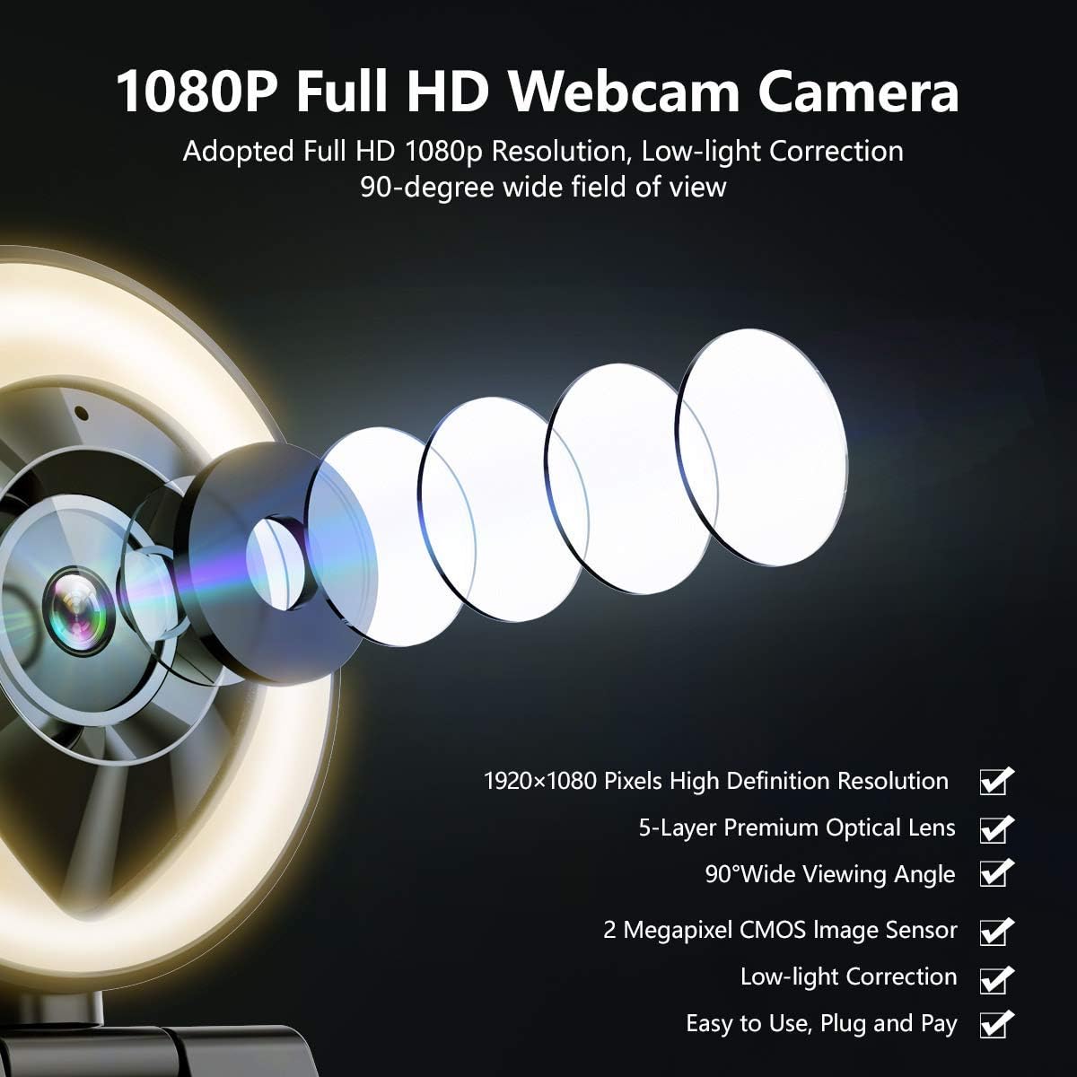 JIGA Streaming Webcam with Dual Microphone 1080P Adjustable Right Light Pro Web Camera Advanced Auto-Focus with Tripod Zoom Camera Gaming Webcam for Xbox Facebook YouTube Streamer Conferencing