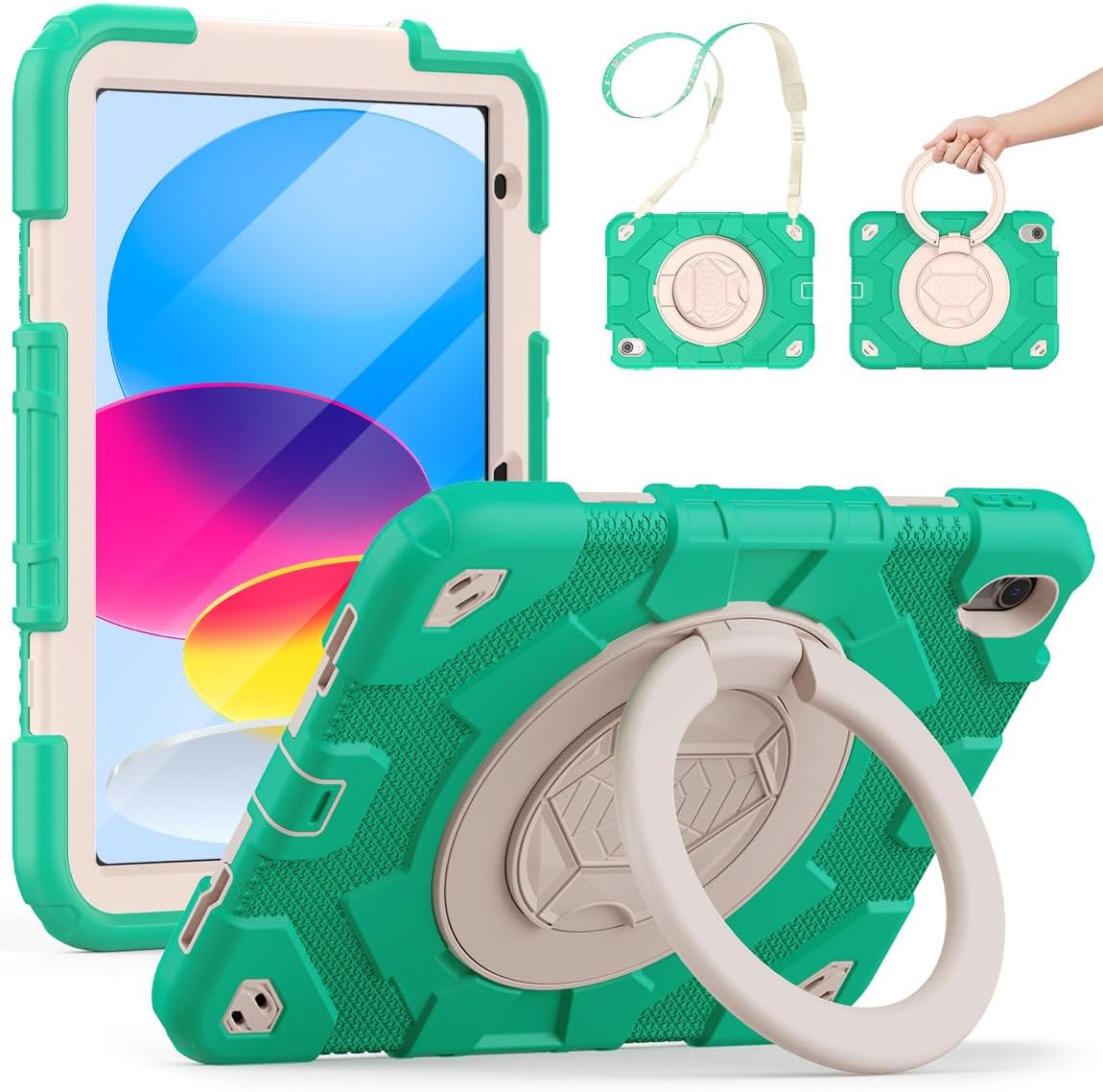 SCSVPN for iPad (A16) 11th/10th Generation Case 11 inch 2025/10.9 inch 2022, Rugged Shockproof Protective Silicone Case for Kids with Pencil Holder, Rotate Stand & Handle, Shoulder Strap - Mint Green