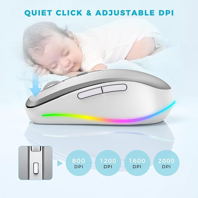 PEIOUS Wireless Mouse Jiggler - LED Wireless Mice with Build-in Mouse Mover, Rechargeable Moving Mouse for Laptop with Undetectable Random Movement Keeps Computers Awake - Silver