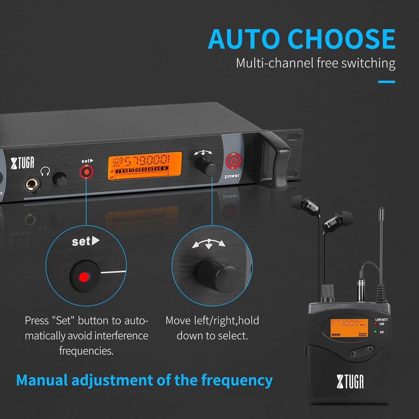 XTUGA RW2080 Wireless in Ear Monitor System 8 Bodypacks UHF IEM System, 2 * 40 Frequencies Mono Design Stage Monitors Earphone, 300Ft for Band, Studio or Musicians, 902-928mhz