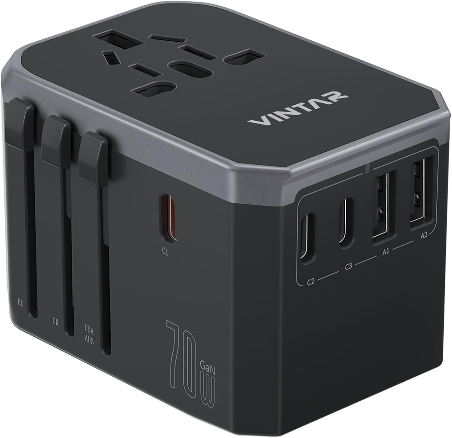 Universal Travel Adapter, VINTAR 70W GaN International Power Adapter with 5 USB Ports (3 USB-C), All-in-one Travel Essentials Plug Adaptor, Travel Adapter Worldwide for UK/EU/USA/AUS, Black