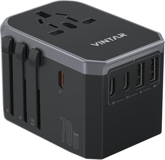 Universal Travel Adapter, VINTAR 70W GaN International Power Adapter with 5 USB Ports (3 USB-C), All-in-one Travel Essentials Plug Adaptor, Travel Adapter Worldwide for UK/EU/USA/AUS, Black